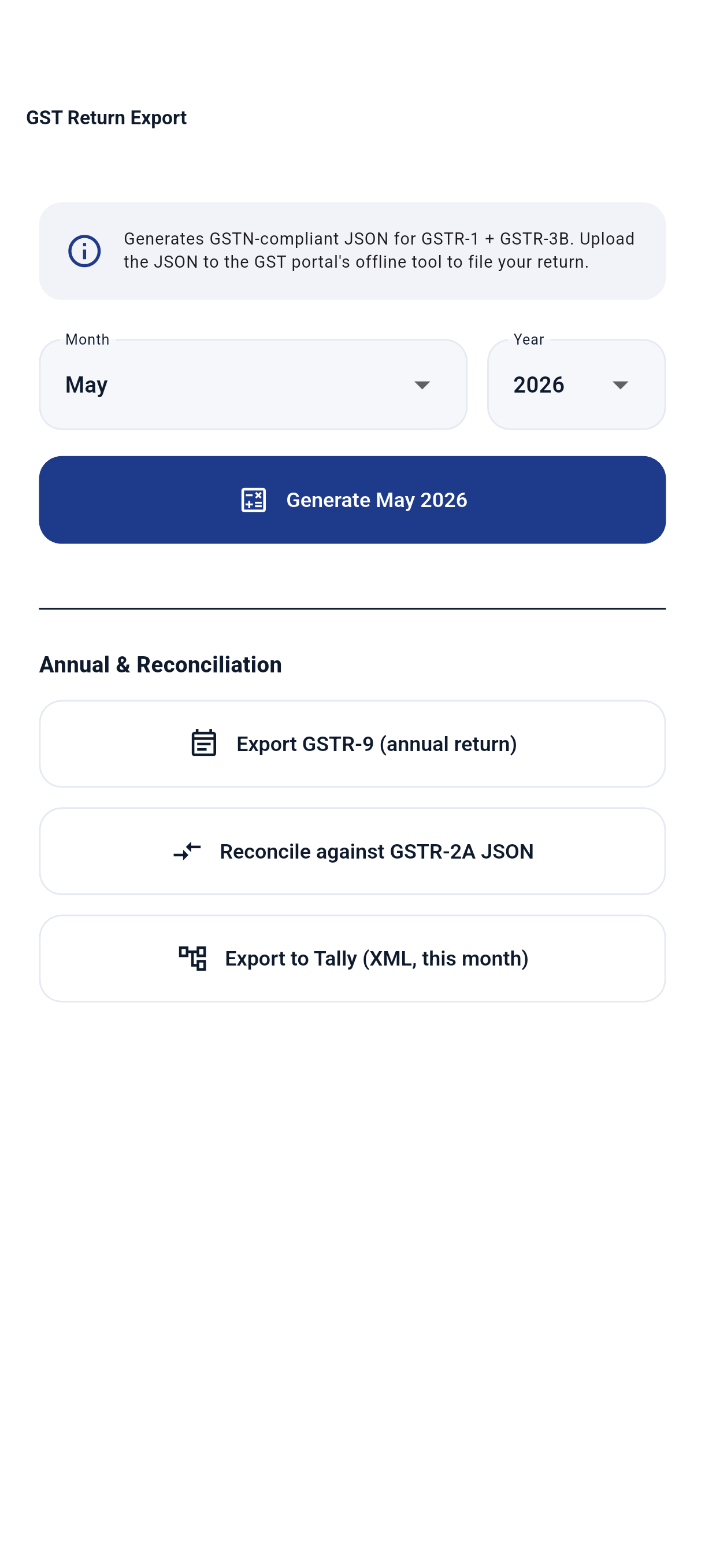 GSTR-1 report screen showing B2B and B2CS buckets
