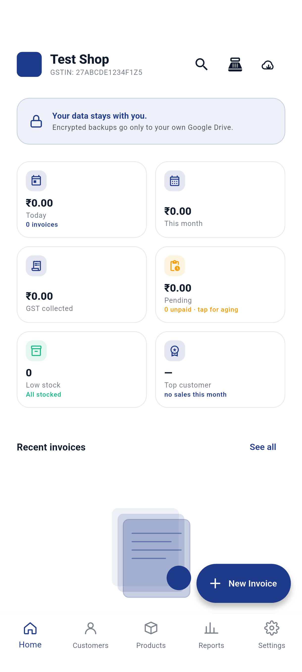 GSTEasy home screen showing today's sales dashboard